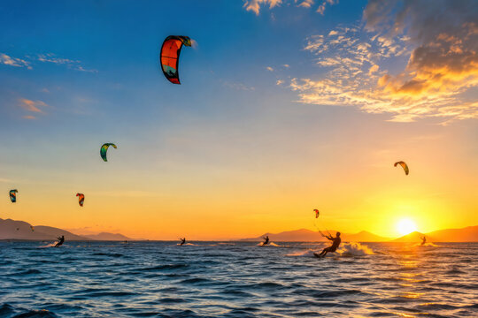 Kitesurfers Riding Ocean Waves at Vibrant Sunset
