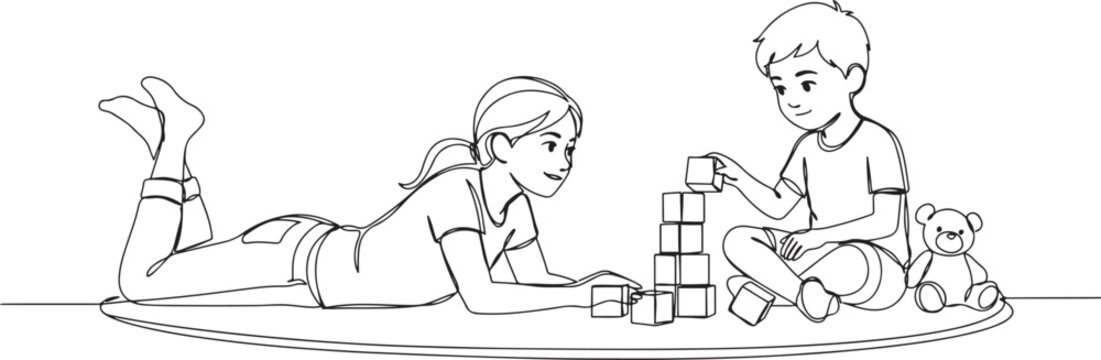 Single one line drawing a babysitter is lying on the floor accompanying a boy playing with building blocks.one line vector illustration with white background