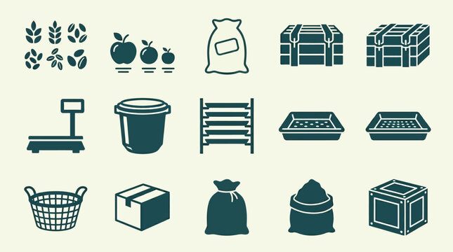 Flat minimal vector icon set of 12 post-harvest agricultural products: sorted crops, graded produce, packed sack, sealed crate, weighing scale icon, storage bin, drying rack, cleaning tray, processing