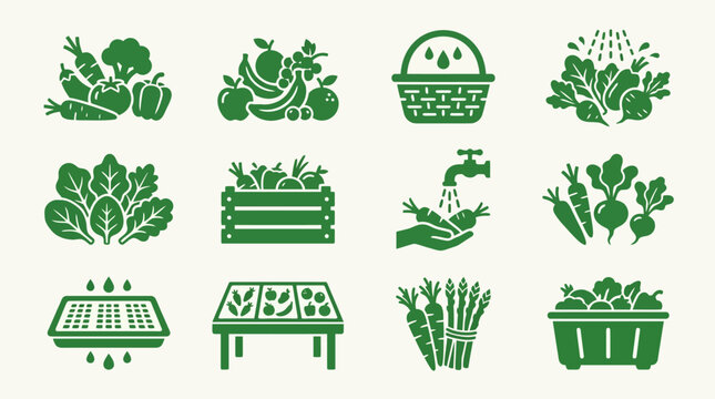 Flat minimal vector icon set of 12 fresh harvest products: fresh vegetables, fresh fruits, wet harvest basket, rinsed produce, fresh leafy pile, harvest crate, water washed crops, fresh roots