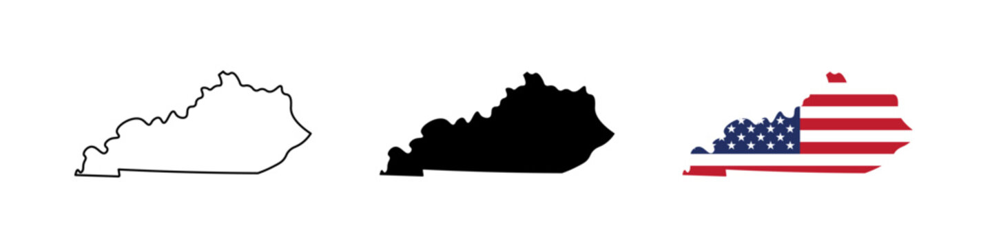 Kentucky state outline, silhouette and American flag icon set