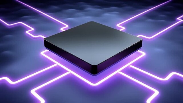 AI chip floating cloud network with glowing purple circuit lines and futuristic technology concept dark background microprocessor