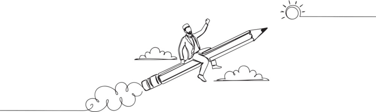 Single one line drawing young Arabian businessman riding pencil rocket flying in sky. Concept of education, creativity, imagination or creative freedom