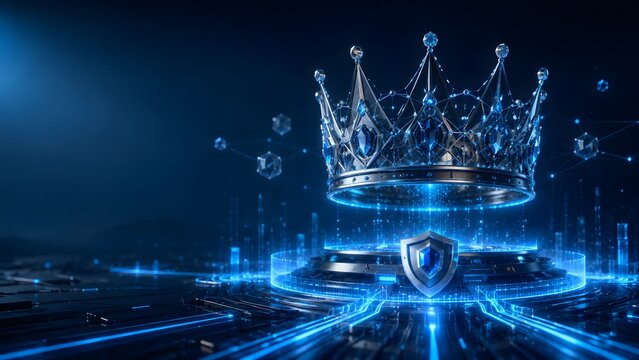 majestic glowing digital crown on a high tech platform perfect for data leadership elite cybersecurity systems and premium technology branding material