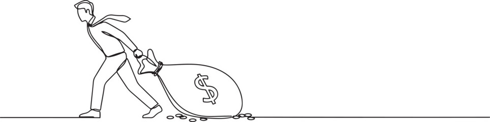 Fototapeta premium Single one line drawing businessman pulling big bag of money. Business metaphor.one line vector illustration with white background
