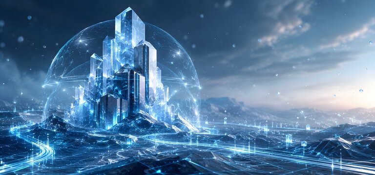 giant glowing blue crystal city under a data dome on a frozen planet ideal for future colony technology and advanced alien civilizations concept art