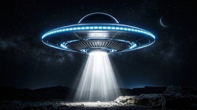 An extraterrestrial flying saucer illuminated in the dark night.