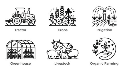 Fototapeta premium Agriculture Farming Icons Collection Black Line Art Style