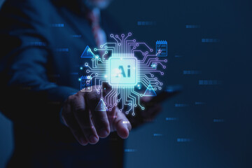 Fototapeta premium Business Professional Interacting with Advanced Artificial Intelligence Circuitry.