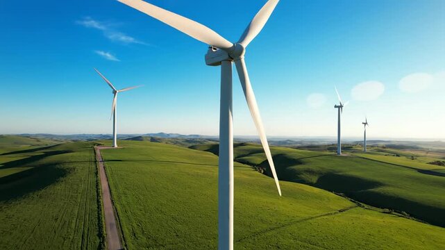 Wind turbines stand tall on green hills under a clear sky in an open area during the day