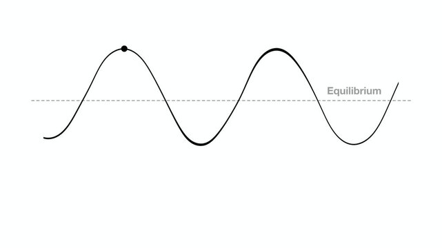 Animation of Physics infographic explaining transverse wave anatomy. Educational diagram labels crest, trough, wavelength, amplitude, and equilibrium with frequency or speed formula calculations