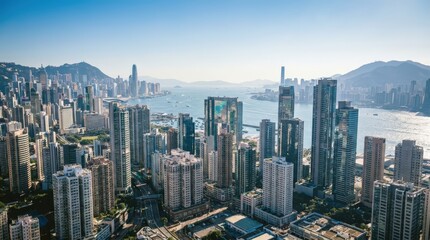 Fototapeta premium Aerial view of Hong Kong city skyline and harbor.