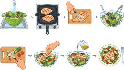 Healthy Grilled Chicken Salad Cooking Recipe Steps Vector Illustration with Hands Washing Lettuce Grilling Meat Slicing Cucumbers Mixing Ingredients Pouring Dressing and Serving © Md Shujan islam