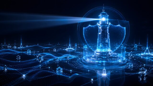 glowing blue digital lighthouse on a wavy data sea perfect for navigating internet safety security guidance and technology innovation in dark waters