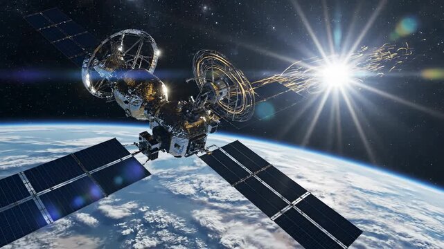 Satellite in orbit around Earth with solar panels and bright sun rays shining