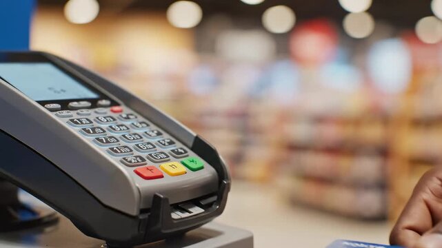Hand swipes credit card at checkout in a store during busy shopping hours