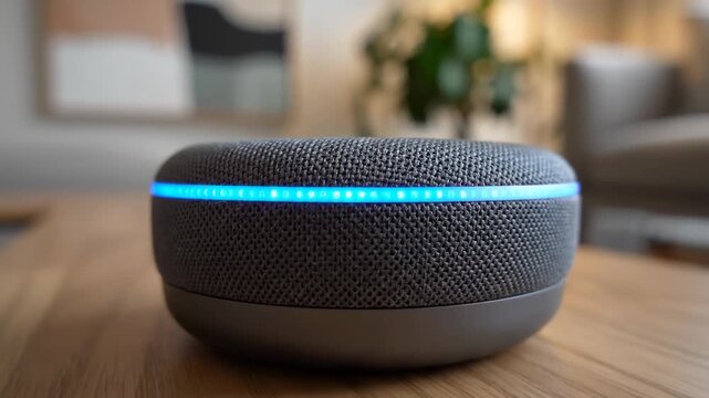 Smart speaker in modern living room helps with daily tasks and entertainment