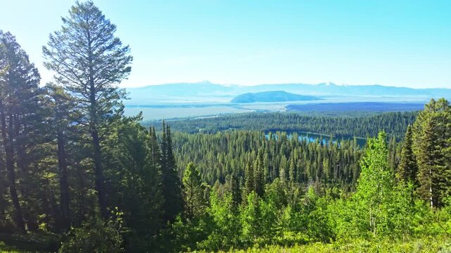 Scenic aerial view of Bradley Lake from the Lupine Meadows Trail in Grand Teton National Park with crystal clear water and mountain scenery
