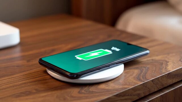 Charging a smartphone using a wireless charger on a wooden table