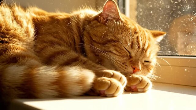 Cat sleeping by the window in sunlight during the afternoon