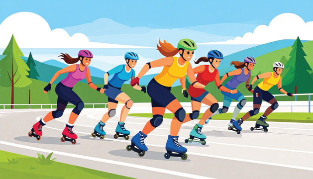 Group of people rollerblading on road.