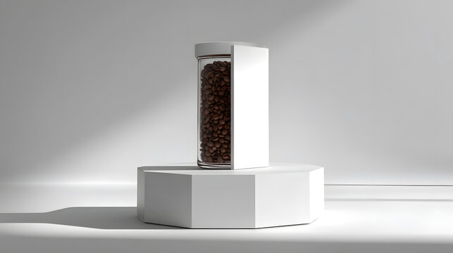 Glass jar of coffee beans on white hexagonal pedestal with light shadows.