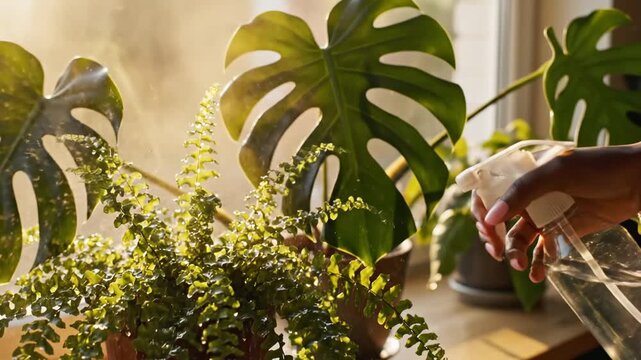 Caring for plants at home with water and spray bottle in bright sunlight