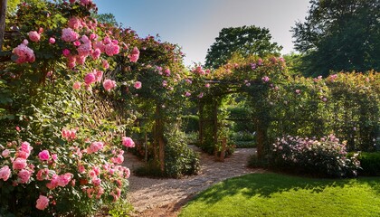 Obraz premium Tranquil Garden Setting With Abundant Pink Climbing Roses Bathed In Summer Light