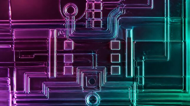 Abstract Futuristic Circuit Board Pattern with Neon Glow.