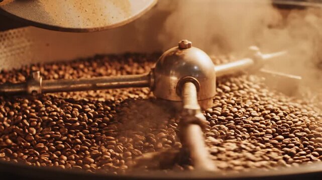 Roasting coffee beans in a large roasting machine at a local shop in the morning
