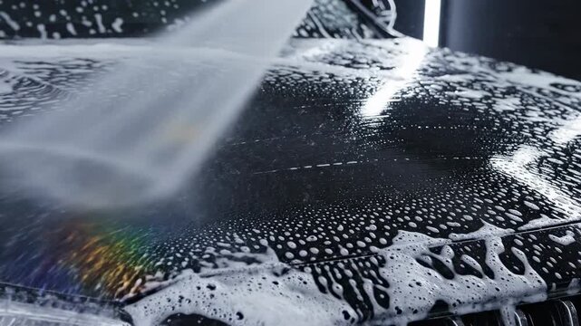 Car washing process in a modern washing bay at night with foam and water
