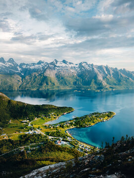 Aerial view sea and mountains landscape in northern Norway peaceful scenery of Neverdal village in Meloy in Scandinavia summer season scenic nature travel beautiful destinations