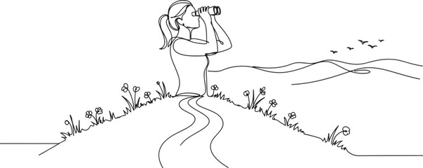 Obraz premium Single continuous line drawing girl looking in distance with binoculars. Enjoy beauty of nature as far as the eye can see.one line vector illustration with white background
