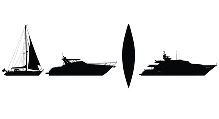 Sailing Boat And Motor Yacht Silhouettes Against White Background Silhouette © Jewel