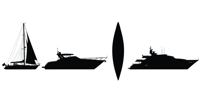 Sailing Boat And Motor Yacht Silhouettes Against White Background Silhouette