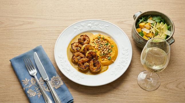 Grilled shrimp in curry sauce with carrot and pine nut pur&eacute;e, served with a fresh salad and white wine on a wooden table.