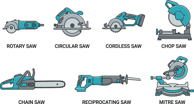 Power saw tool vector collection featuring rotary saw, circular saw, cordless saw, chop saw, chain saw, reciprocating saw, and mitre saw,
