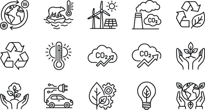 Black ecology icons bundle with electric car vehicle charging recycling loops melting glaciers and environmental protection