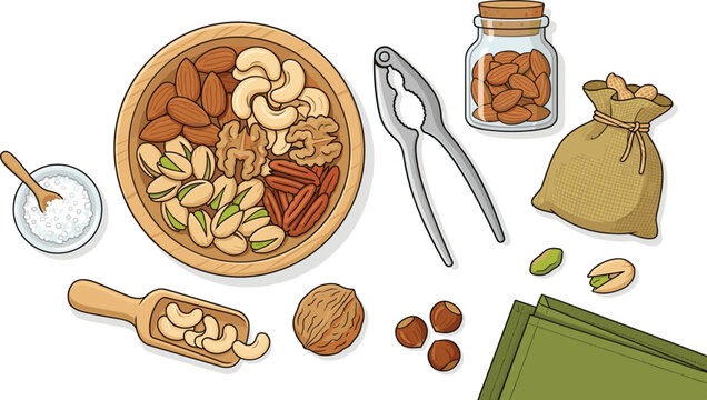 Healthy Mixed Nuts Wooden Bowl Flat Lay Vector Illustration with Almonds Cashews Pistachios Walnuts Pecans Hazelnuts Nutcracker Scoop Bag and Salt