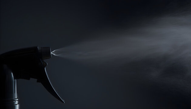 Spray bottle nozzle misting water against dark background