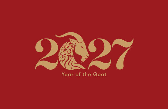 2027 Year of the Goat golden typography logo with ornate swirl pattern on red background