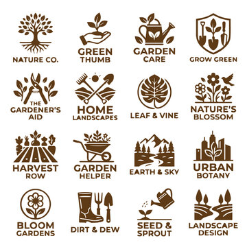 Rustic garden logo set with plants and equipment landscaping agriculture