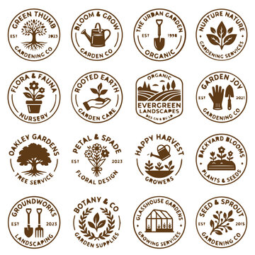 Set of circular gardening company logo badges and emblems with gardening