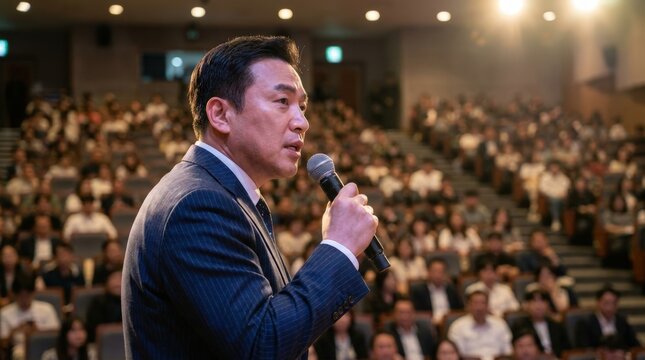 Business speaker addressing large audience in conference hall.