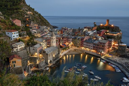 Vernazza fishing village, blue hour, Cinque Terre, La Spezia province, Liguria, Italy