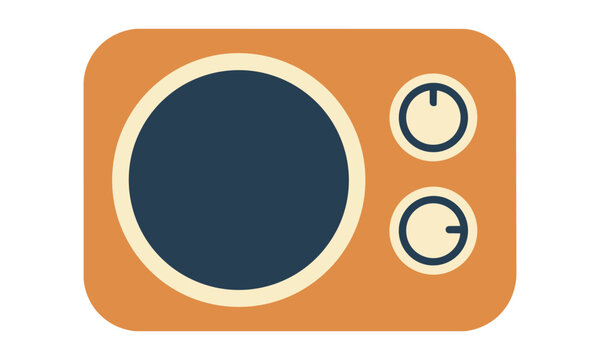 Retro radio icon with a speaker grill and control knobs in a flat minimalist style isolated on a white background, vintage music technology concept