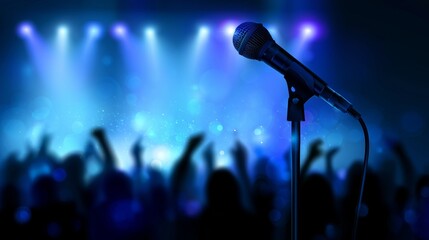 Obraz premium A microphone with blurred people silhouettes stand with raised hands, orange spotlight on the stage, concert atmosphere, dramatic lighting, silhouettes, music event poster design, entertainment