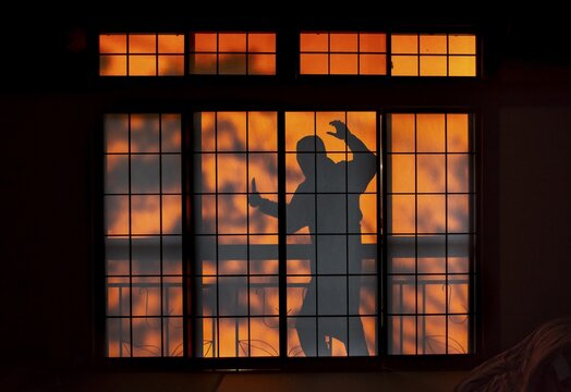 Shadow of a man, burglar with knife, assassin, ninja, on the balcony behind sliding shoji doors in a traditional Japanese house, Yamanouchi, Nagano, Japan