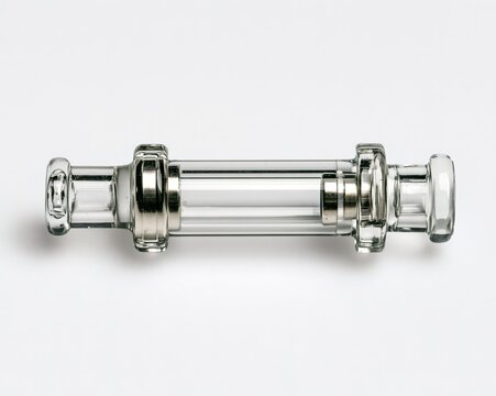Clear glass pipe with silver accents, featuring a cylindrical body and hexagonal ends.