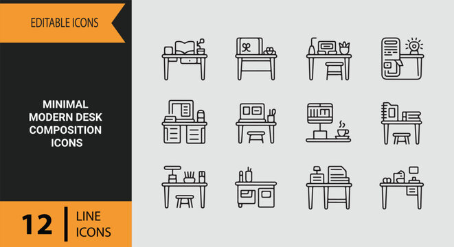Minimal Modern Desk Composition Icons for Clean Organized Workspaces and Productivity Apps